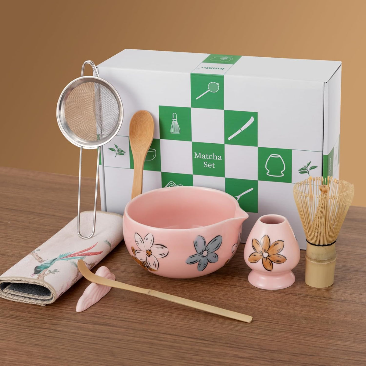 Matcha Whisk Set Pink,8pcs Matcha Set Whisk And Bowl,Matcha Kit With Bamboo Whisks,Ceramic Matcha Bowl,Sifter,Scoop,Holder,Towel,Stand,Spoon