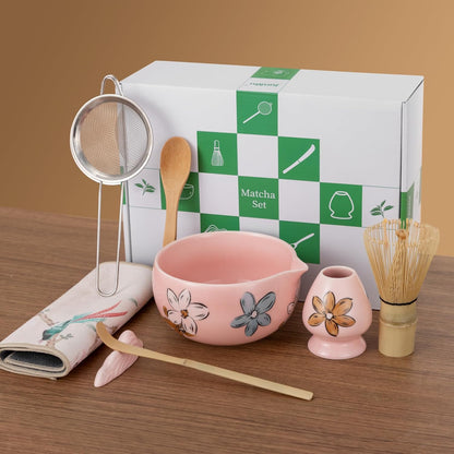 Matcha Whisk Set Pink,8pcs Matcha Set Whisk And Bowl,Matcha Kit With Bamboo Whisks,Ceramic Matcha Bowl,Sifter,Scoop,Holder,Towel,Stand,Spoon