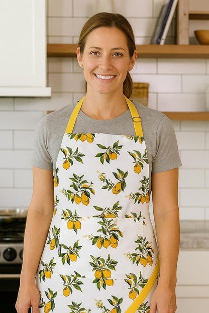 AMOUR INFINI Cotton Aprons for Women with Pockets Adjustable Strap and Waist Ties Washable Printed Aprons for Baking, Cooking, Gardening (27.5 x 33 Inches - Lemon Print)