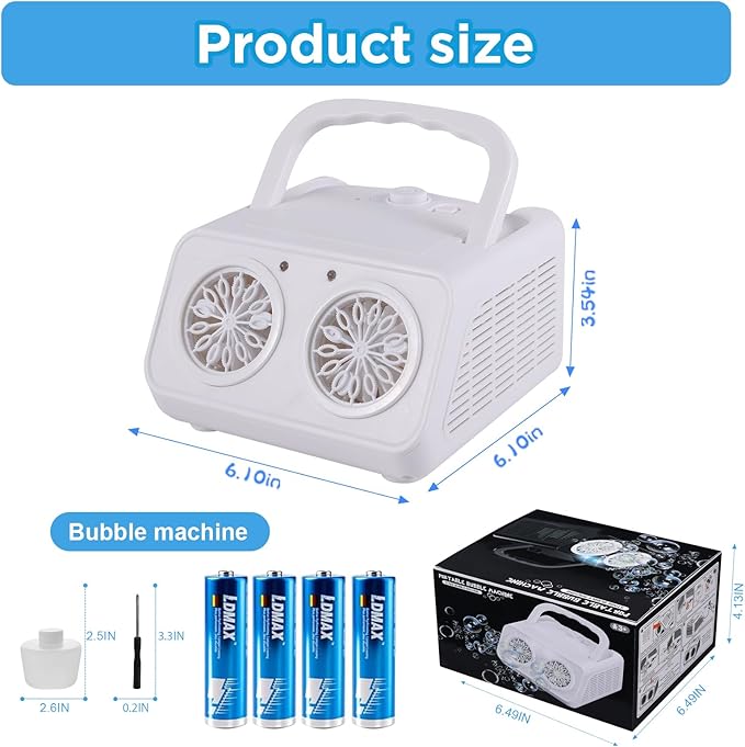 Bubble Machine with Dual Fans, 20,000+ Bubbles Per Minute, USB-C or AA Battery Powered,Leak-Proof Sealed Bottle,Portable Bubble Maker for Birthday Party Pool Wedding Outdoor