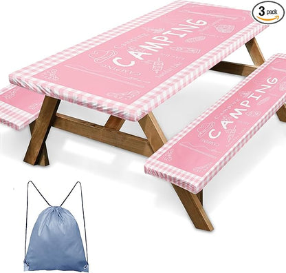 Picnic Table Cover with Bench Covers Elastic Edges, Pink Camper Fitted Table Cover, Outdoor Patio Camping Essentials 72 Inch 3PCS, Waterproof Camping Fitted Tablecloth with Drawstring Bag