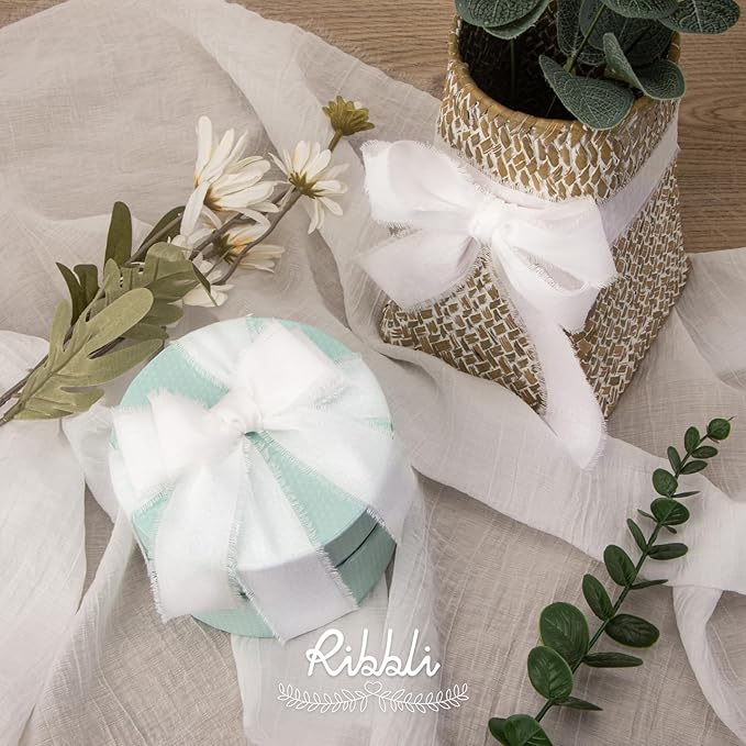 Ribbli 3 Rolls White Ribbon 1.5 Inch x 18Yards Handmade Cotton Frayed Fringe Ribbons for Gift Wrapping Wedding Invites Bridal Bouquets Baby Shower DIY Crafts Home Decor