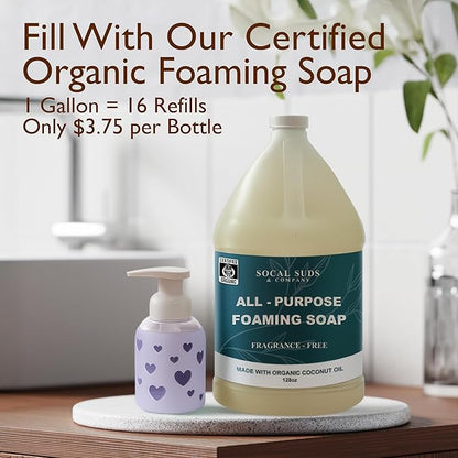 SoCal Suds & Company Foaming Hand Soap Dispenser Glass, Liquid Soap Pump with Heart Silicone Sleeve, Refillable Bottle for Kids, Baby Wash & Shampoo, Ideal for Bathroom & Kitchen Use, Soft Purple, 8oz