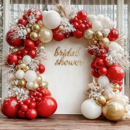 Red White Gold Balloon Garland Double Stuffed Burgundy Red White Sand Pearl Balloon Arch Kit Maroon Wine Balloons for Birthday Bridal Shower Wedding Anniversary Graduation Party Decorations
