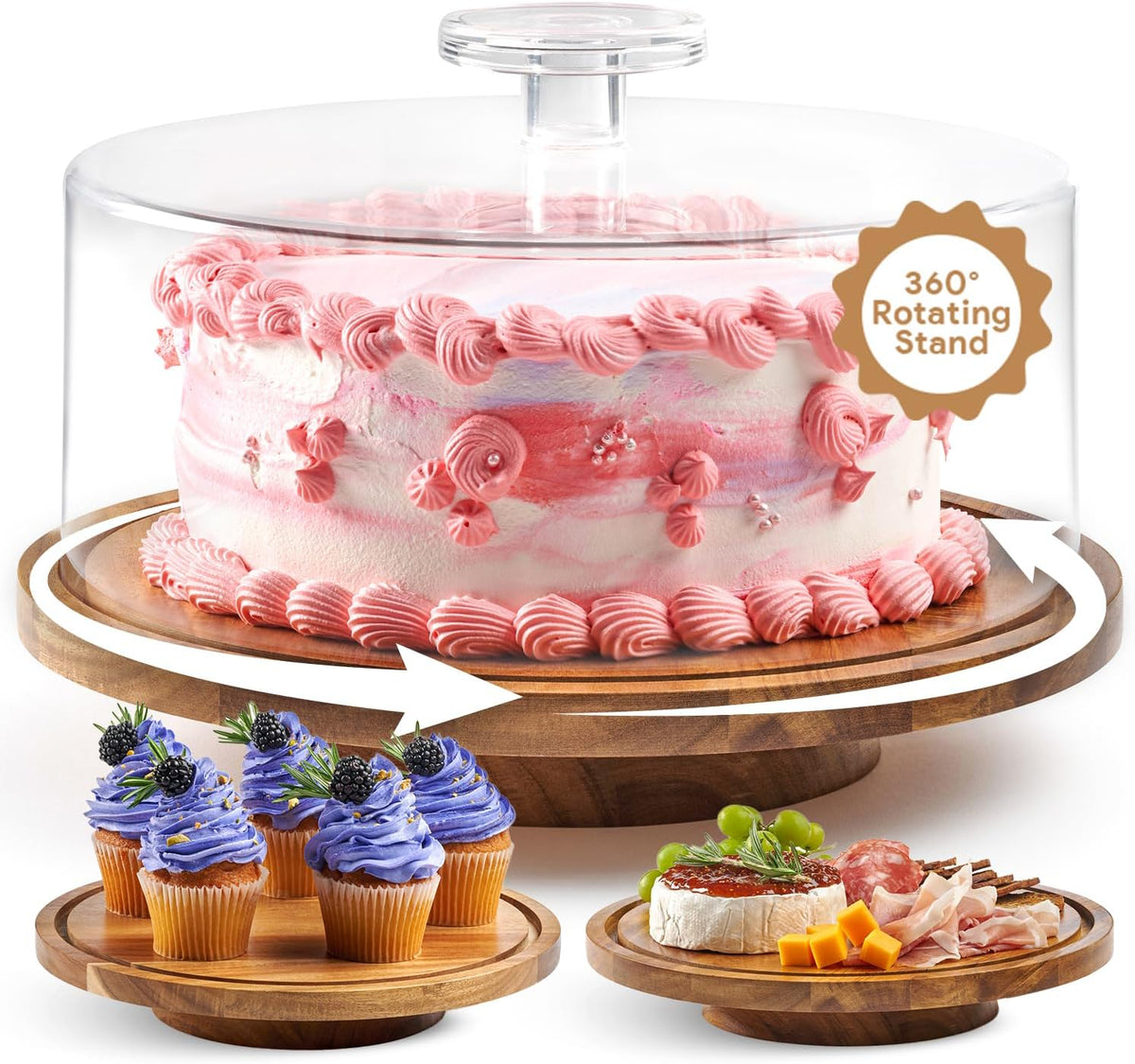 Rotating Cake Stand With Lid - 12 Inch Round Cake Holder with Cover, 4” Tall, Acacia Wood Spinning Cake Turntable for Decorating