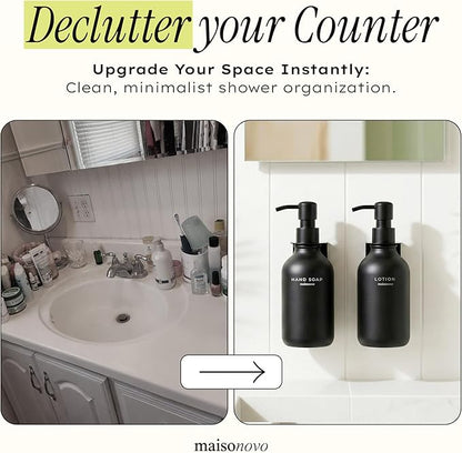 Shampoo and Conditioner Dispenser Wall Mounted Set of 2 Black - No Drill Shower Soap Dispenser for Bathroom Refillable - Spa Hotel Style Accessories by MaisoNovo