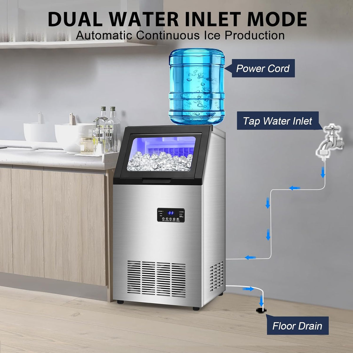 Commercial Ice Maker Machine 140LBS/24H with 30LBS Storage Bin, Stainless Steel Undercounter/Freestanding Ice Maker Machine for Home Bar Outdoor, 45PCS Ice Cubes Ice Machine, Self Cleaning