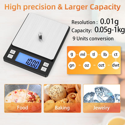 Bomata 0.01g/1kg Upgraded Small Digital Scale, USB Rechargeable, with Larger Display and Hold,Tare Function, 9 Units