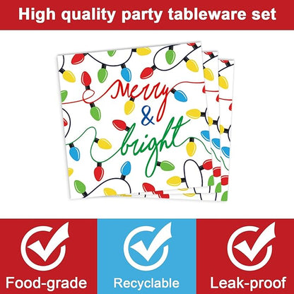 ZOIIWA 96PCS Merry Christmas Party Tableware Set Christmas Lights Party Supplies Merry and Bright Disposable Dinnerware Plates Napkins Forks with Holiday String Lights for Xmas Birthday Favors