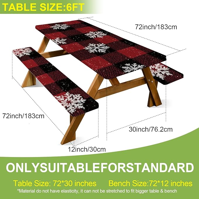 ANNA QUEEN 6FT Winter Christmas Snowflakes Picnic Table Cover with Bench Covers Picnic Table Cover Set 3PCS 72"x30", Waterproof Outdoor Bench and Tablecloth Furniture Protection for Camping