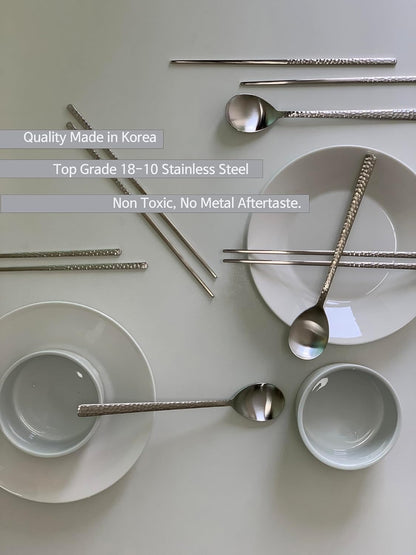 Korean Made Silver Glossy Hammered Stainless Steel Korean Spoon & Chopstick SET Gift for Mom (4SET)