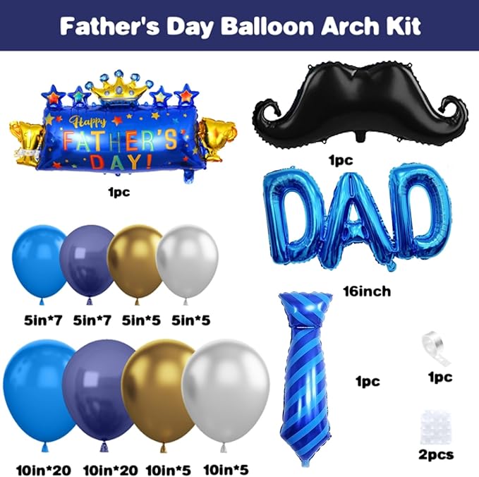 Happy Fathers Day Decoration, Navy Blue Father's Day Balloon Arch, Blue Gold Balloon Garland Kit with Beard Tie & DAD Foil Balloons for Happy Father's Day Family Birthday Party Decoration Supplies