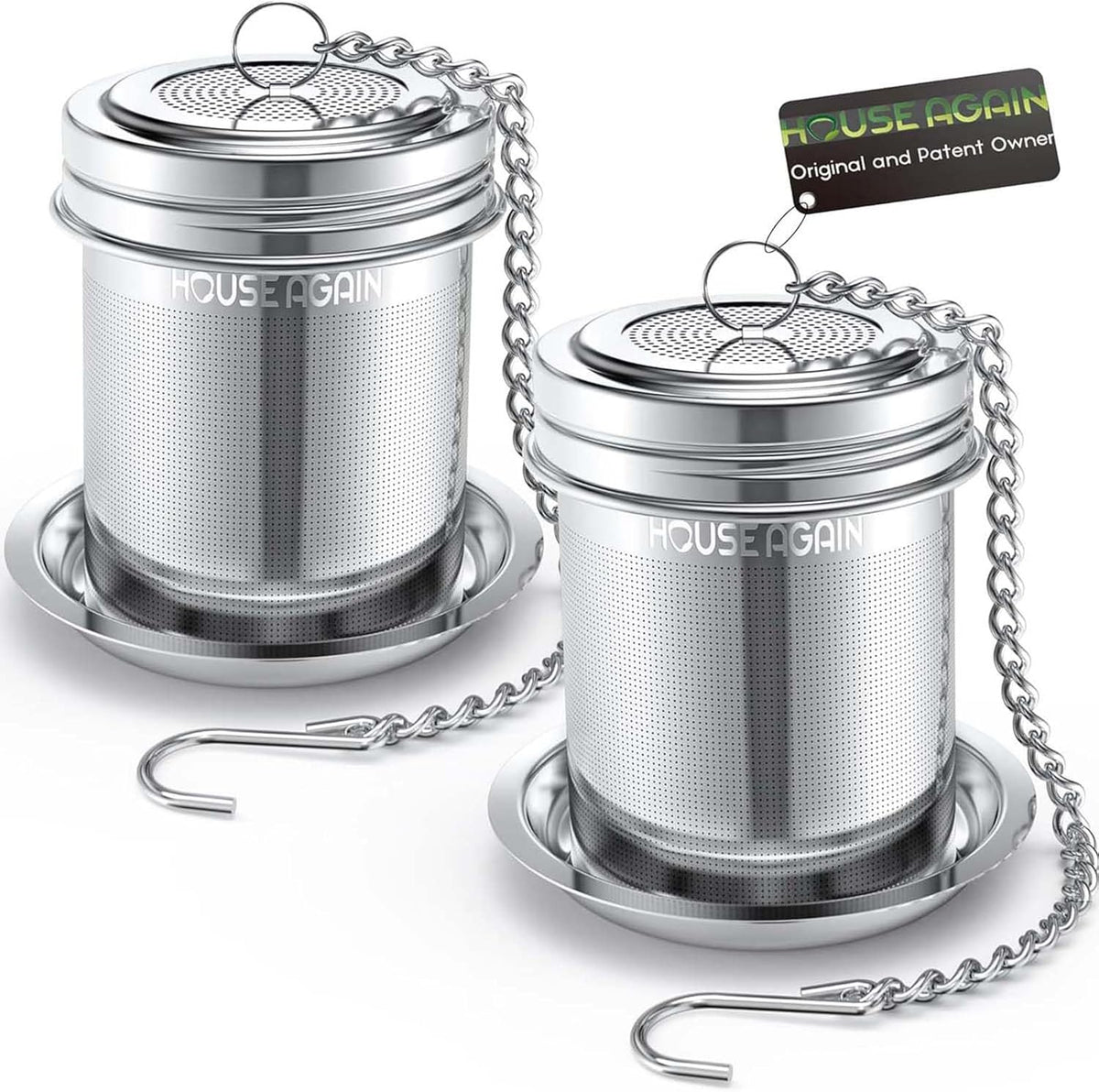 House Again 2 Pack Tea Infuser, Extra Fine Mesh Tea Infusers for Loose Tea, 18/8 Stainless Steel Tea Strainer with Extended Chain Hook