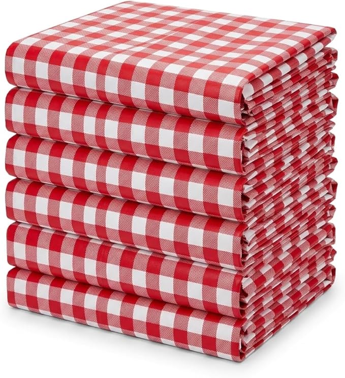 Oojami 12 Pack Red and White Checkered Plastic Tablecloths – 54 x 108 Inch Disposable Gingham Rectangle Table Covers for Picnic, BBQ, Parties, Outdoor Events, Waterproof, Fits 8 Ft Tables
