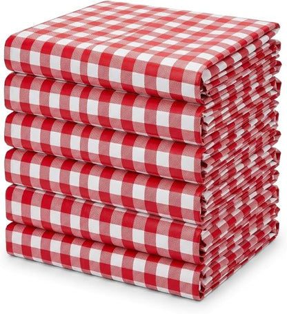 Oojami 12 Pack Red and White Checkered Plastic Tablecloths – 54 x 108 Inch Disposable Gingham Rectangle Table Covers for Picnic, BBQ, Parties, Outdoor Events, Waterproof, Fits 8 Ft Tables