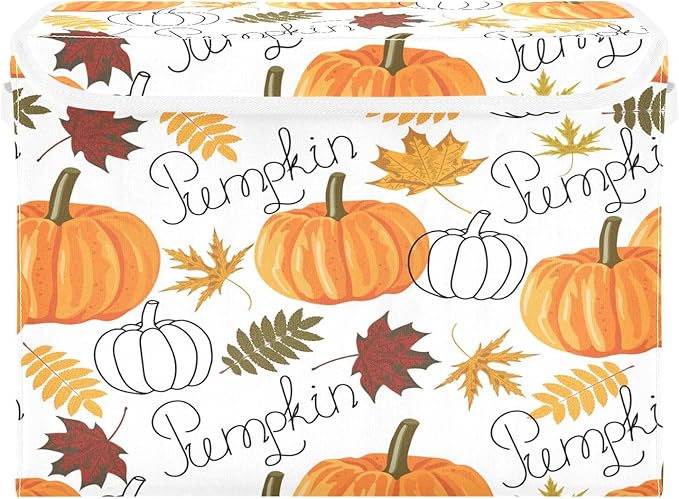 Large Collapsible Storage Bins with Lids, Pumpkin Leaf Fall Autumn Storage Baskets Organizer Containers with Handles for Clothes