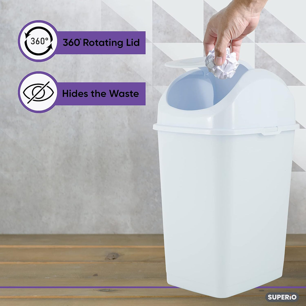 Superio Medium Trash Can with Lid 4.5 Gallon Plastic Swing Top Garbage Can Slim Waste Bin for Under Sink/Cabinet, Laundry Room, Kitchen, Office, Bedroom, Bathroom, College Dorm, 18 Qt, White, 2