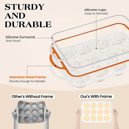 2 Pcs Silicone Muffin Pan with Metal Frame Nonstick 12 Cup Regular Size Cupcake Pan Silicone Muffin Tray for Baking Egg Bites Muffins Cupcakes Gifts for Mom Home Baker Kitchen (Cream) | Metal Frame, Nonstick, For Baking Egg Bites Muffins Cupcakes, Gifts f