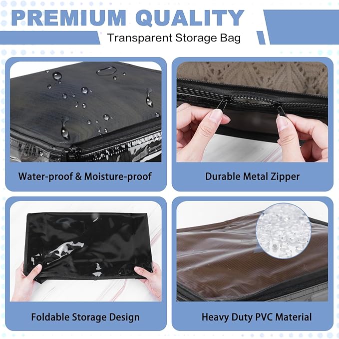Clear Zippered Storage Bags Plastic Sweater Storage Bags with Zipper 6 Packs Clothing Organizer for Blankets Linen Sweater Bed Sheet Quilt Clothes Pillow (15.7 x 13.8 x 3.9 Inch, Black)