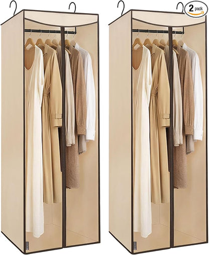 STORAGE MANIAC 57" Long Garment Bags for Hanging Clothes Garment Cover for Closet Storage, Large Hanging Garment Bag for Dresses, Suits, Coats, Zipper Cover with Sealed Clear Window, Beige 2 Pack