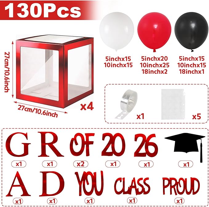 Graduation Decorations 2026,4 Pcs Transparent Balloon Boxes with Letters of GRAD,PROUD OF YOU,Class of 2026 130pcs Red and Black Balloon Arch Kit for High School College 2026 Grad Party Supplies
