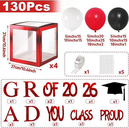 Graduation Decorations 2026,4 Pcs Transparent Balloon Boxes with Letters of GRAD,PROUD OF YOU,Class of 2026 130pcs Red and Black Balloon Arch Kit for High School College 2026 Grad Party Supplies