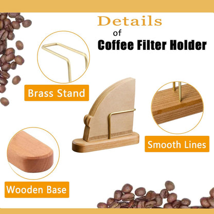 Coffee Filter Holder Stand for V60#1 & #2, Wood & Brass Organizer with 40-Capacity, Space-Saving Storage for Cone Paper Filters