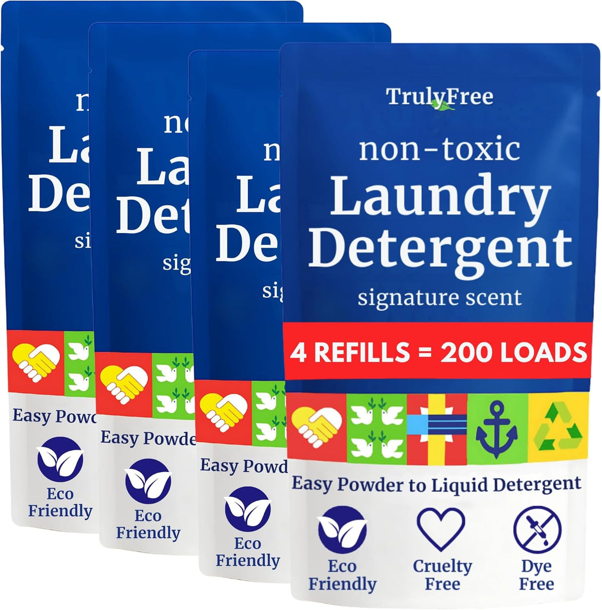 Truly Free Natural Laundry Detergent for Sensitive Skin | Eco Friendly, Plant Based, Baby Clothes Safe | Clean & Easy Powder to Liquid, 4 Pack Refill Detergent, NO Jug | Signature Scent, 200 Loads