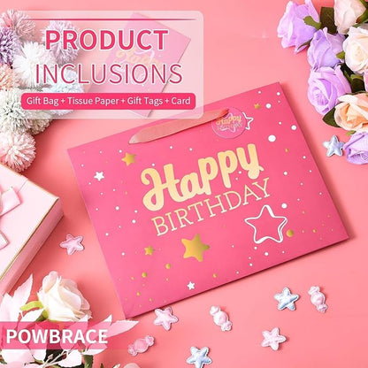Powbrace 16" Pink Happy Birthday Gift Bag with Tissue Paper and Greeting Card for Party,Happy Birthday Gift Bag for Men Women,Gift Bags Extra Large(2 PCS Pink Hot Stamping)