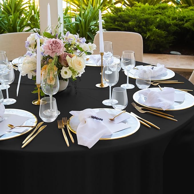 16 Pack Black Plastic Tablecloth for Round Tables, Premium Decorative Black Disposable Table Cloths for Parties, Bulk Round Party Table Cover for Birthday Wedding Anniversary Graduation, 84 Inch