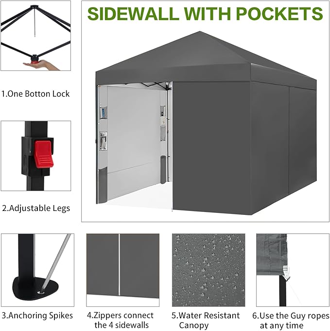 Tunbne 10X10 Comercial Pop Up Canopy Tent with 4 Sidewalls and 6 Pockets, One Push Setup Center Lock, for Beach Patio Outdoor, Case, 8 Stakes, 4 Ropes, 4 Sandbags (Charcoal Grey)