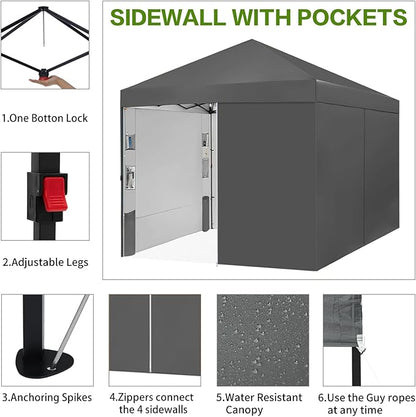 Tunbne 10X10 Comercial Pop Up Canopy Tent with 4 Sidewalls and 6 Pockets, One Push Setup Center Lock, for Beach Patio Outdoor, Case, 8 Stakes, 4 Ropes, 4 Sandbags (Charcoal Grey)