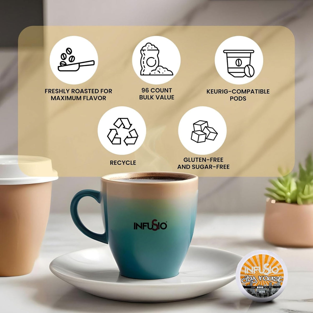 InfuSio Coffee Pods 96 Count City Roast Medium Roast Single Serve Coffee pods for Keurig K Cups Brewers