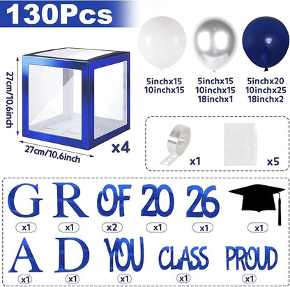 Graduation Decorations 2026, Navy Blue Graduation Decorations Transparent Balloon Boxes with Letters of GRAD, PROUD OF YOU,Class of 2026, Blue Silver Balloons Arch for High School College Grad Party