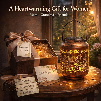 Solar Lanterns Outdoor Waterproof - Retro Metal Hanging Solar Lights with Hummingbird Hollow-Out Pattern, Decorative Garden Decor for Outside Patio Yard Porch, Best Birthday Gifts for Women Mom