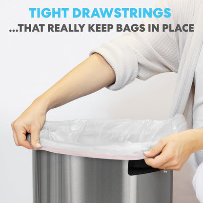 SIMPLI-MAGIC 17 Gallon Drawstring Trash Bags, 120 Pack – Tall Kitchen Garbage Bags, Custom Made with Premium Materials (White)