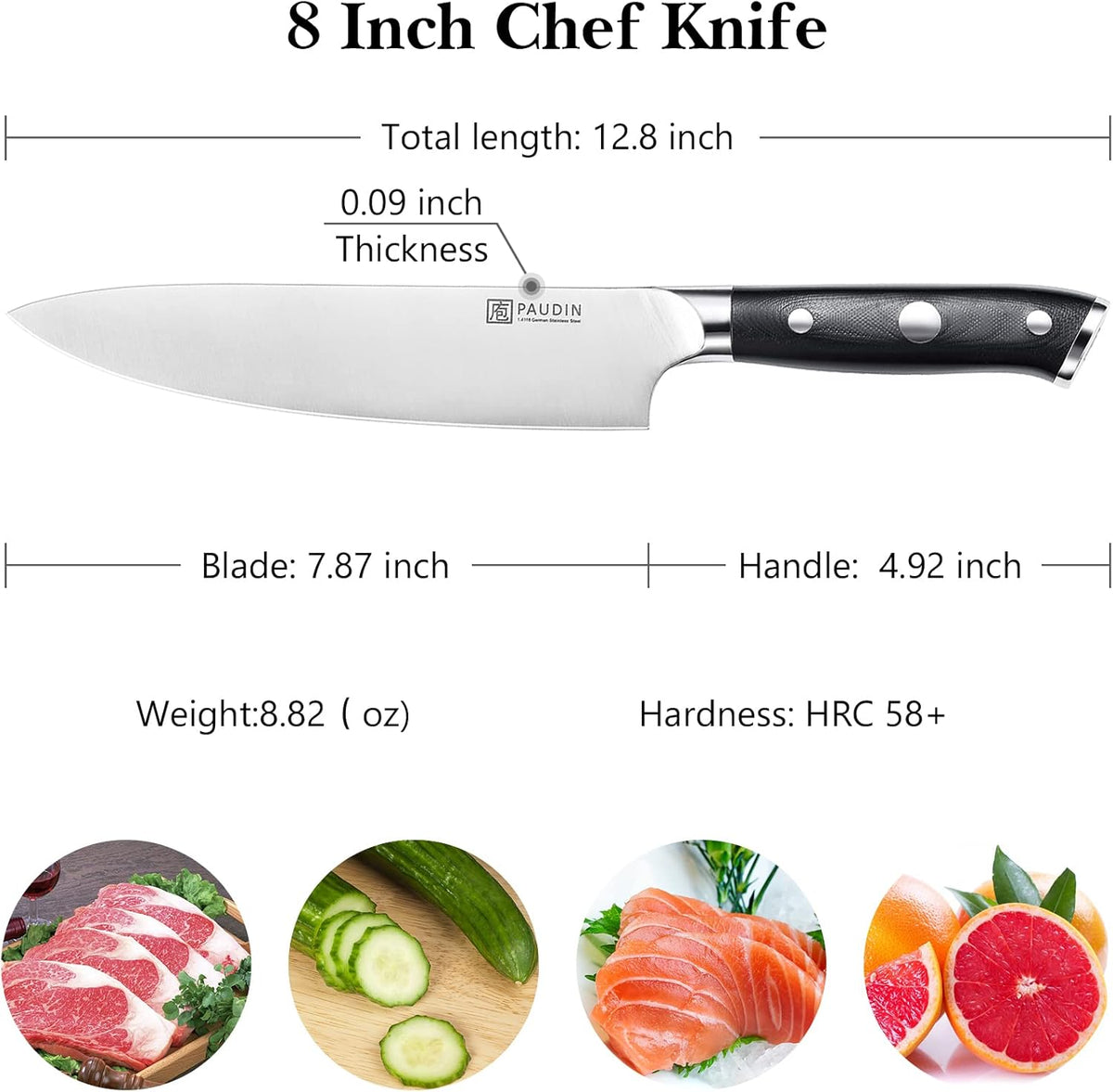 Paudin Chef Knife 8 Inch, Professional Kitchen Knife, 7Cr17MoV German Stainless Steel Forged Chefs Knives with Ergonomic G10 Handle