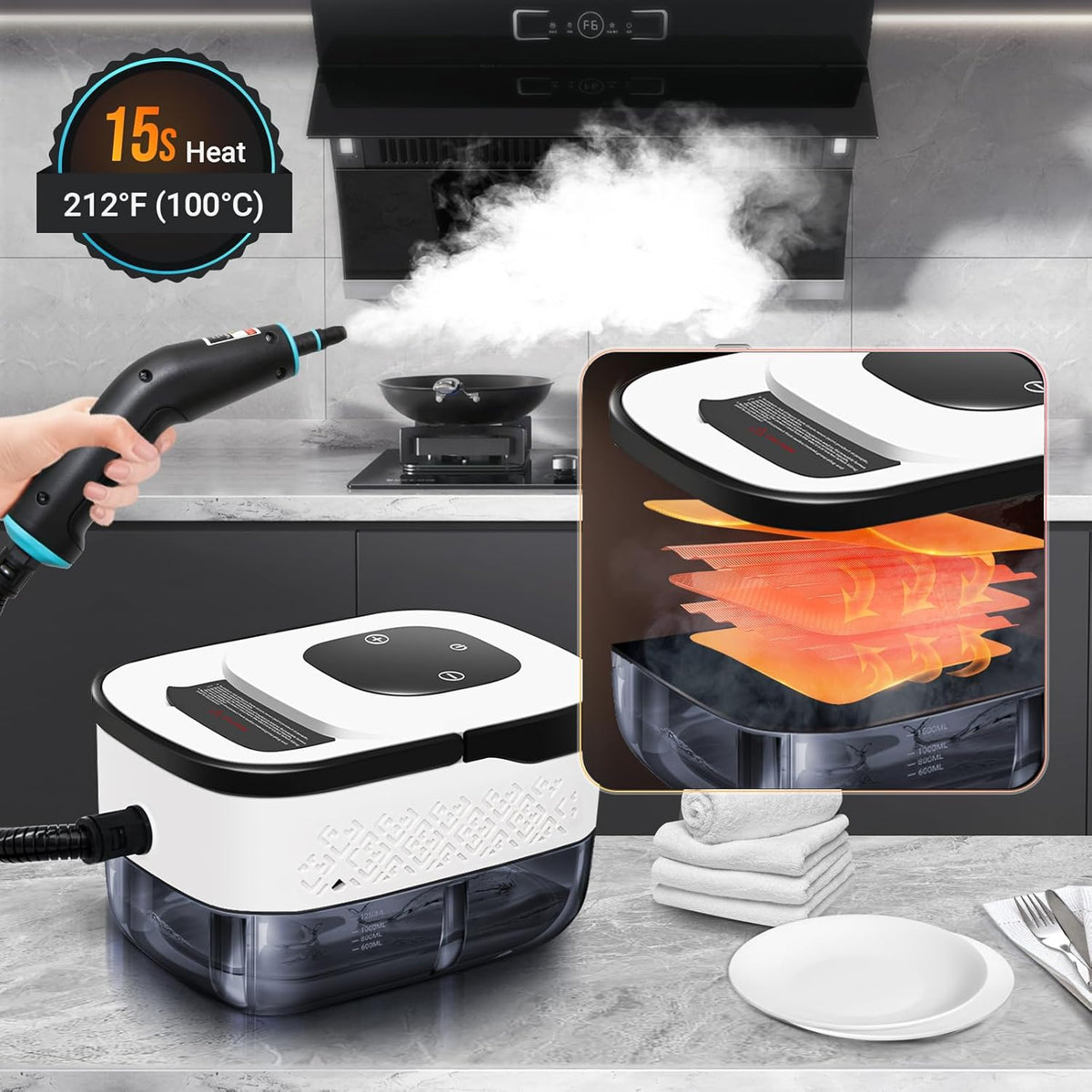 Handheld Pressurized Steam Cleaner. 4Bar for Home, Kitchen, Bathroom, 15s Heat-Up, 6 Adjustable Levels, Large 42.27oz Tank, Portable Steamer for Tile