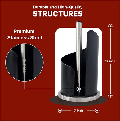 Stainless Steel Paper Towel Holder Countertop, Modern Spiral Cover Design,Keep Paper Towel Clean,Weighted Base for Stability, Freestanding Easy One-Handed Operation for Kitchen Bathroom (Black)