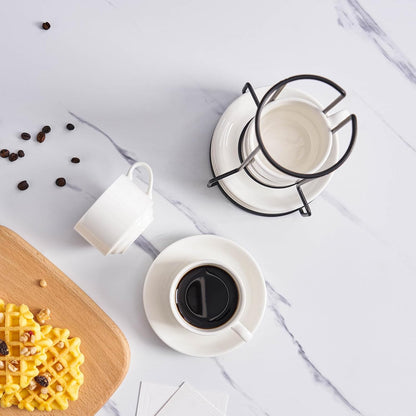 YOLIFE 2.5oz Porcelain Stackable Espresso Cups with Saucers and Metal Stand Set of 4, Stackable Cappuccino Cups, White Expresso Shots Cup Set for Coffee Drinks, Latte, Tea