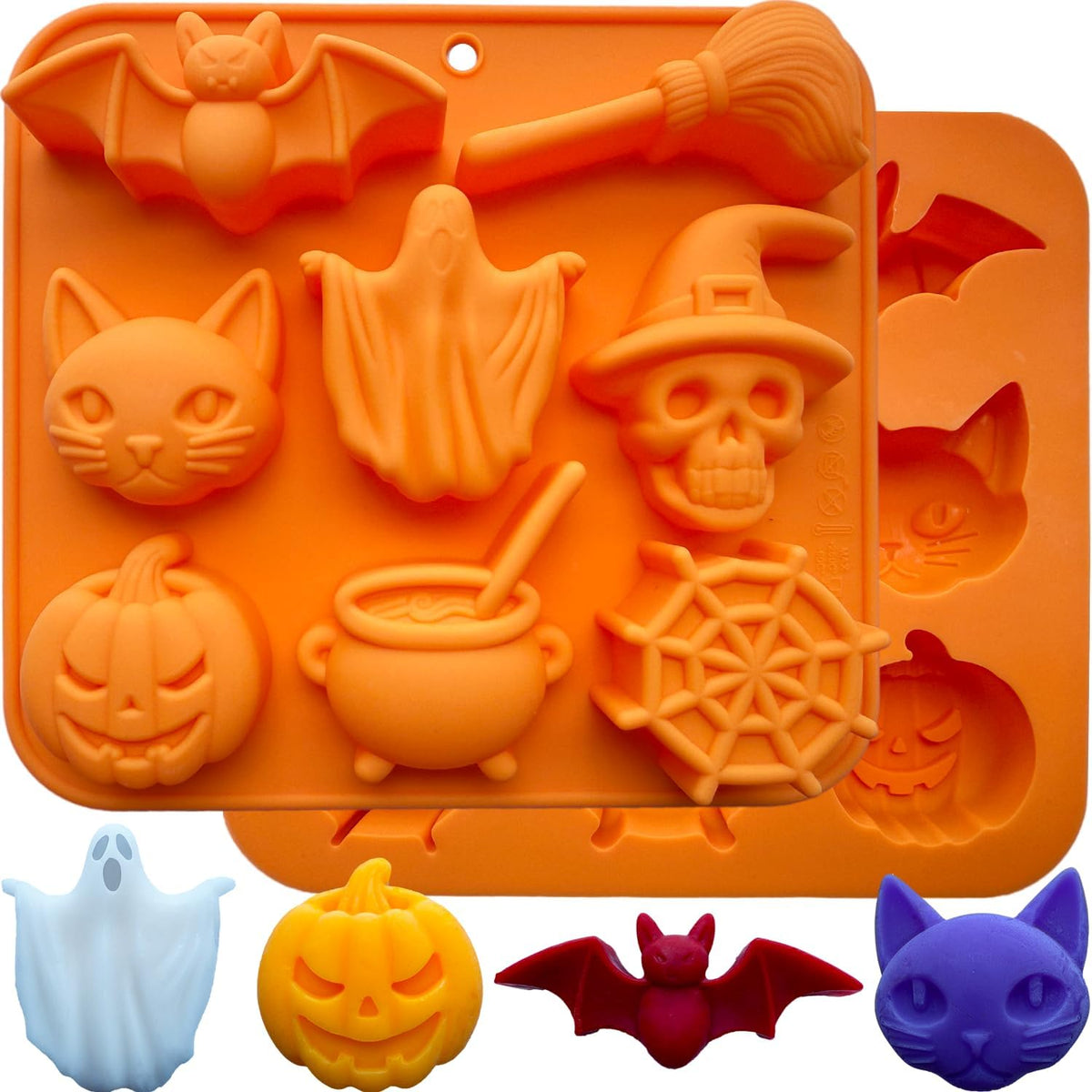 2 Pack Halloween Chocolate Candy Silicone Mold Halloween Molds Ghost Pumpkin Bat Skull Witch Hat Gummy Fondant Baking Mold for DIY Ice Cube Sugar