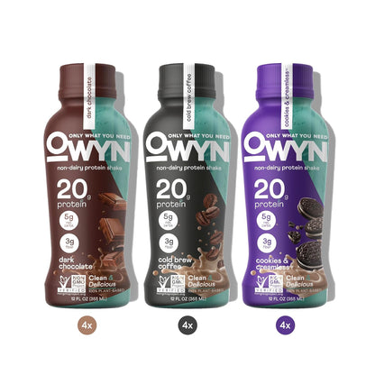 OWYN Only What You Need Plant Based Protein Shake, 20g Vegan Protein from Organic Pumpkin Seed, Flax, Pea Blend, Prebiotic Supplement, Superfood Greens, Gluten & Soy-Free (Variety Pack, 12 Pack)