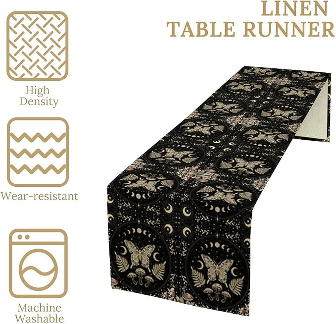 Mushroom Moth Table Runner,Vintage Boho Moon Autumn Seasonal Table Runner for Kitchen Dining Table Holiday Party Home Decor 13x90in