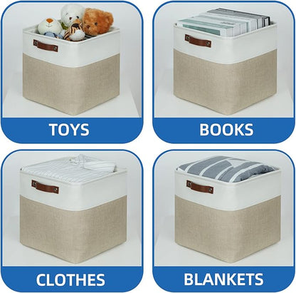 Temary Fabric Storage Baskets 12x12 Cube Bins 4 Pack Cloth Baskets for Shelf, Storage Cubes Bins Gift Empty (White&Khaki)