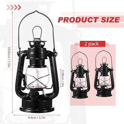 Hortsun 2 Pcs 8 Inch Vintage LED Hurricane Lantern Metal Black Outdoor Battery Operated Hanging Lantern with Warm LEDs and Dimmer Switch for Indoor Rustic Farmhouse Country Camping Decor