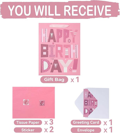 wishinside 13'' Large Happy Birthday Gift Bag Set with Handles, Greeting Card, Pink Tissue Papers and Stickers for Women Girls Kids Teens, Cartoon Design, 1 Pcs