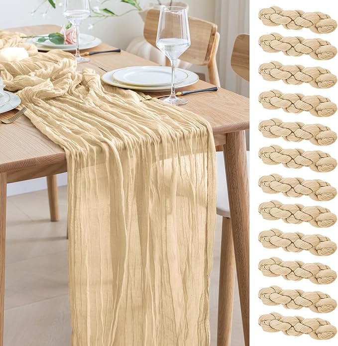 Asee'm 12pcs Cheesecloth Table Runner 120 Inches Long Sand Boho Gauze Cheese Cloth Runner 10FT Rustic Sheer Table Runners for Christmas Wedding Party Baby Shower Spring Easter Decoration