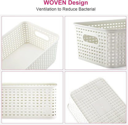 AREYZIN Plastic Storage Baskets With Lid Organizing Container Lidded Knit Storage Organizer Bins for Shelves Drawers Desktop Closet Playroom Classroom Office, White, 6 Pack