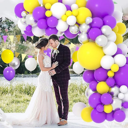 Purple Yellow White Balloon Garland Arch Kit - 122pcs, 12in, 10in, 5in Balloons, Metallic Silver, Basketball Birthday Party Decorations