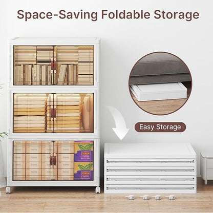 UAMFURI Stackable Storage Bins with Lids, 360QT Closet Organizers, Lockable Storage Cabinet，Foldable Storage Box with Doors and Wheels, Plastic Drawers for Home, Garage, Office (3, White, Large)